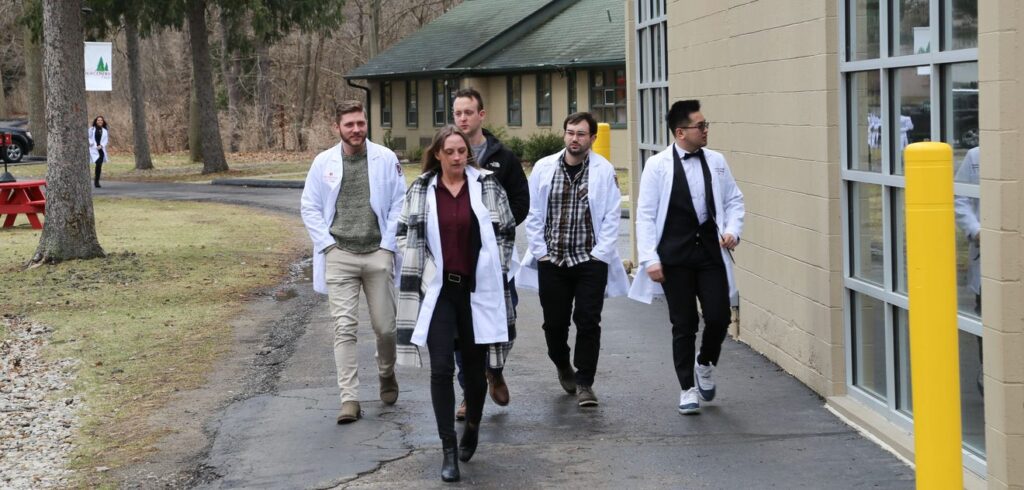 nursing students walking outside